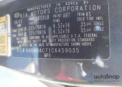 2012 Kia Sedona Lx из США, поврежденный, VIN KNDMG4C71C6459035